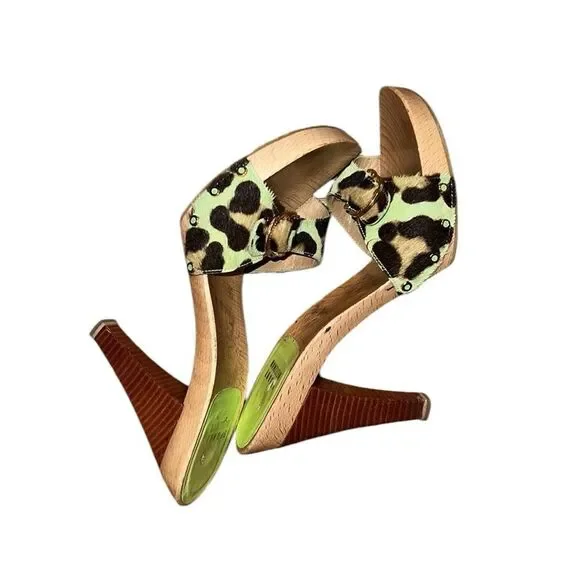 Stuart Weitzman Green Pony Hair Animal Print Wooded Shoes 7 1/2 - Picture 3 of 5